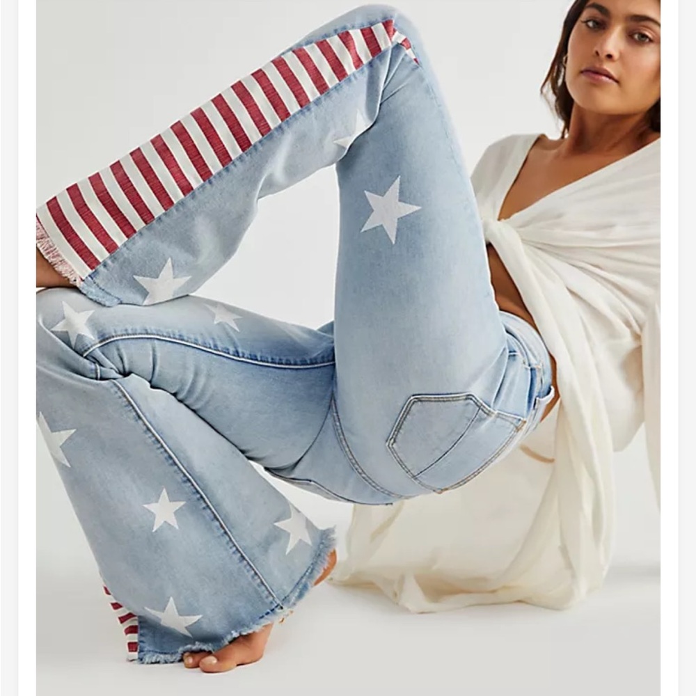 DRIFTWOOD Light Wash Star Print Flare Jeans with Red & White Stripe Inset - Picture 2 of 6